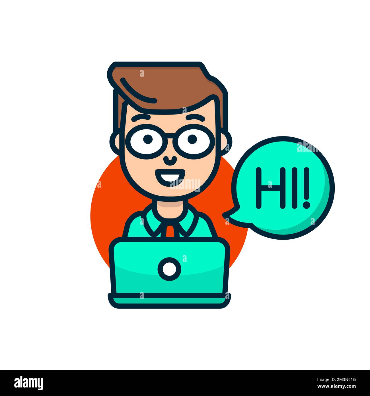 Icona linea piatta uomo d'affari. Un uomo simpatico e sorridente dice Ciao dietro al notebook. Supportare il concetto di addetto al servizio clienti. Icona avatar assistente virtuale. Icona vettore Illustrazione Vettoriale