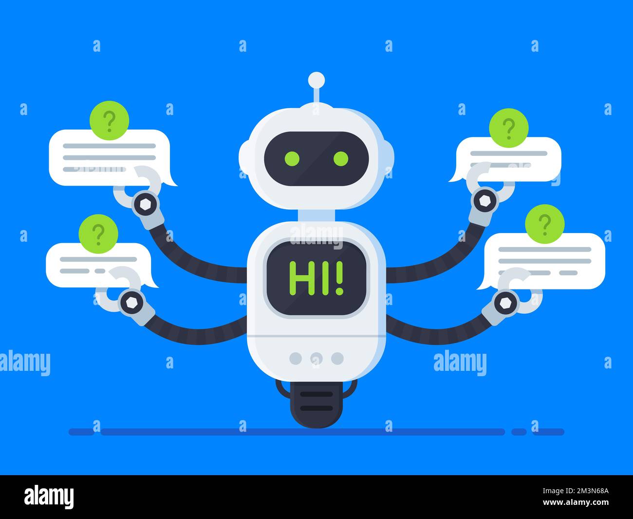 Concetto di chatbot. Bot risponde alle domande di diversi utenti contemporaneamente. Il bot della chat tiene le bolle del discorso e mostra il hi sullo schermo dentro se stesso Illustrazione Vettoriale