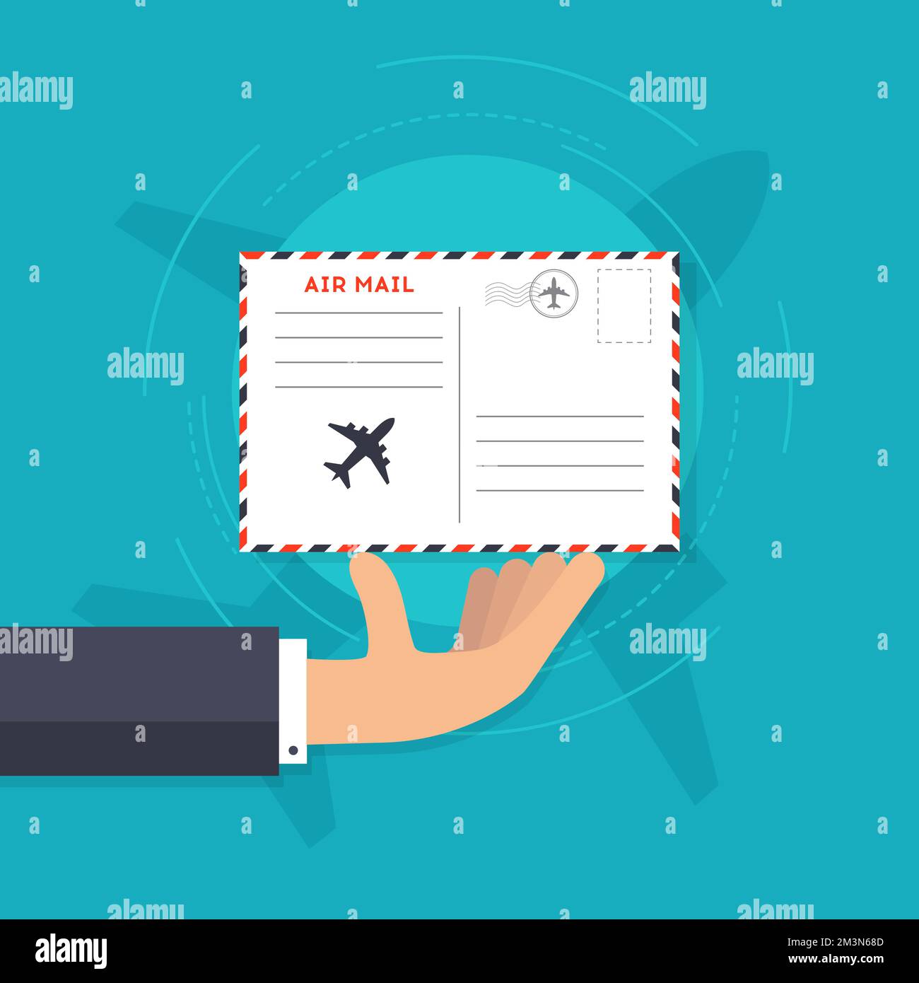 Illustrazione del vettore AirMail. Mano che tiene una busta con timbro postale. Icona di recapito della posta aerea. Illustrazione vettoriale Illustrazione Vettoriale