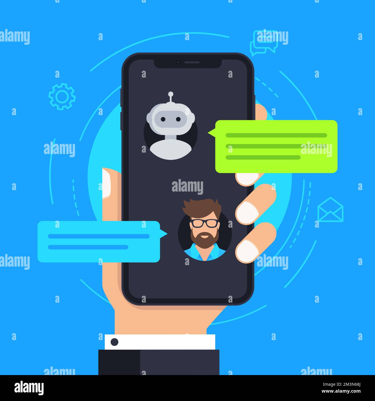 Concetto di chatbot. Bot che chiacchiera con l'uomo al telefono. Conversazione online con SMS. Tenere in mano lo smartphone con l'applicazione chat bot Illustrazione Vettoriale