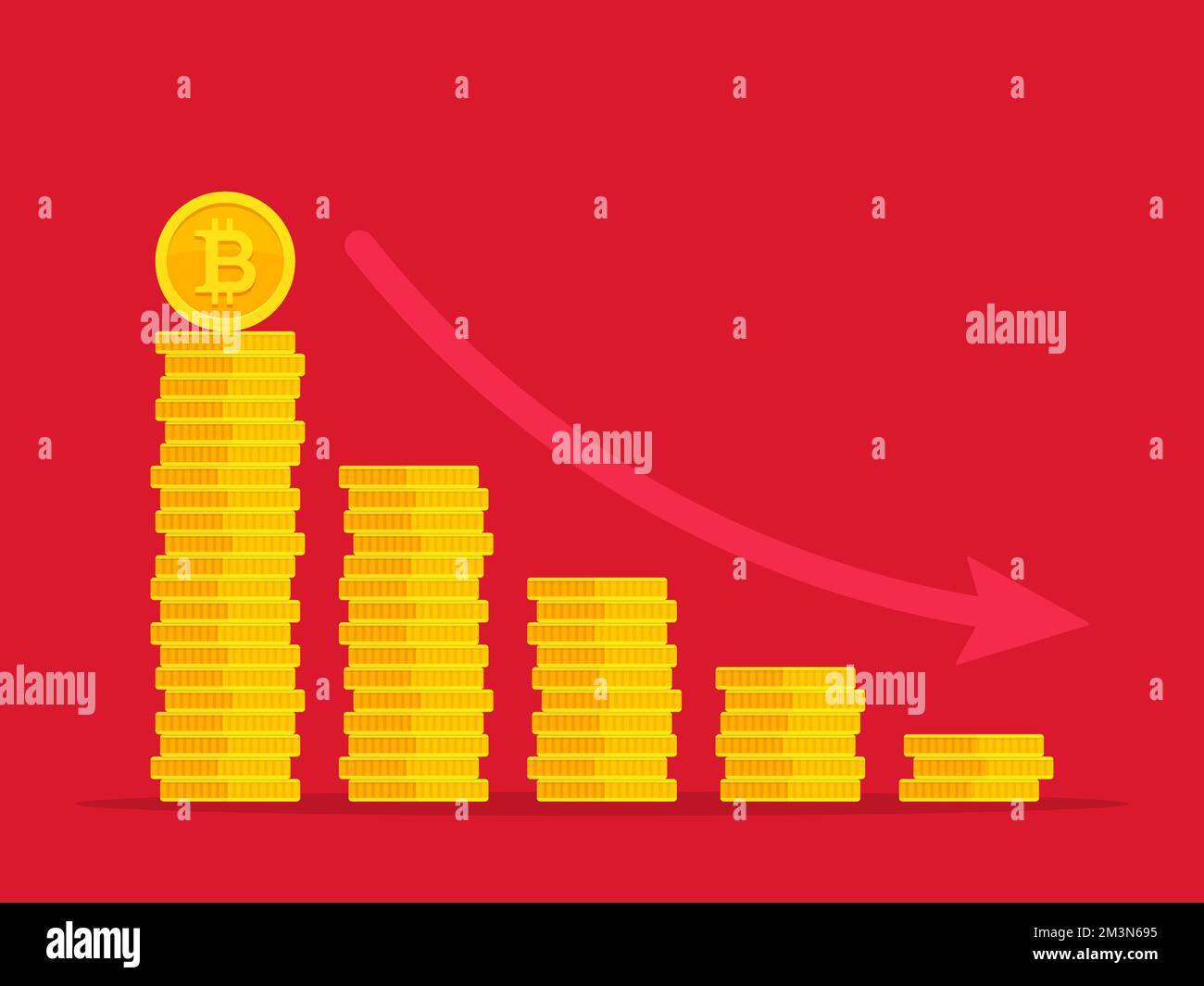 Concetto di recessione Bitcoin. Pila di monete d'oro come grafico di perdita con bitcoin. Tendenza al ribasso della criptovaluta Bitcoin. Illustrazione vettoriale isolata in rosso Illustrazione Vettoriale