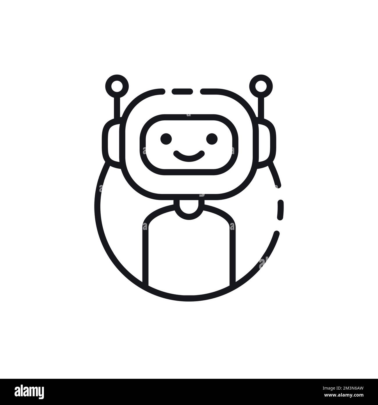 Icona del robot. Icona contorno chatbot. Robot sorridente carino. Illustrazione del carattere vettoriale del robot a linea moderna isolato su sfondo bianco Illustrazione Vettoriale