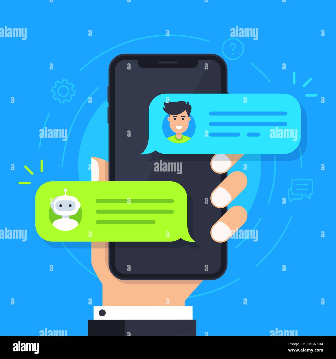 Icona piatta chatbot. Uomo che chiacchiera con chat bot su smartphone. La mano tiene il telefono con le bolle di chat sullo schermo. Notifica dei messaggi chat sul telefono Illustrazione Vettoriale