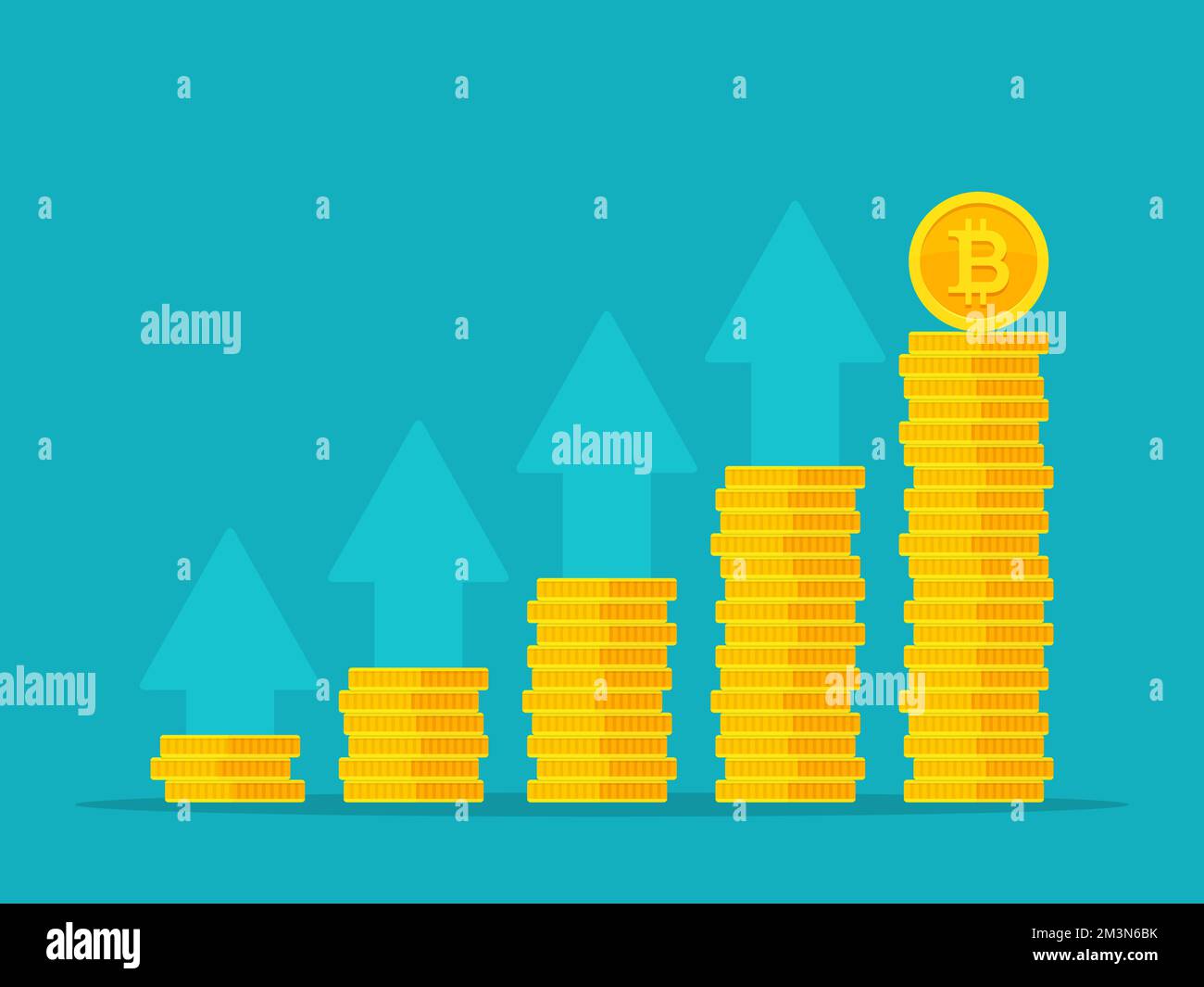 Concetto di crescita Bitcoin. Pile di monete d'oro come grafico del reddito con bitcoin. Illustrazione vettoriale isolata su sfondo colorato Illustrazione Vettoriale