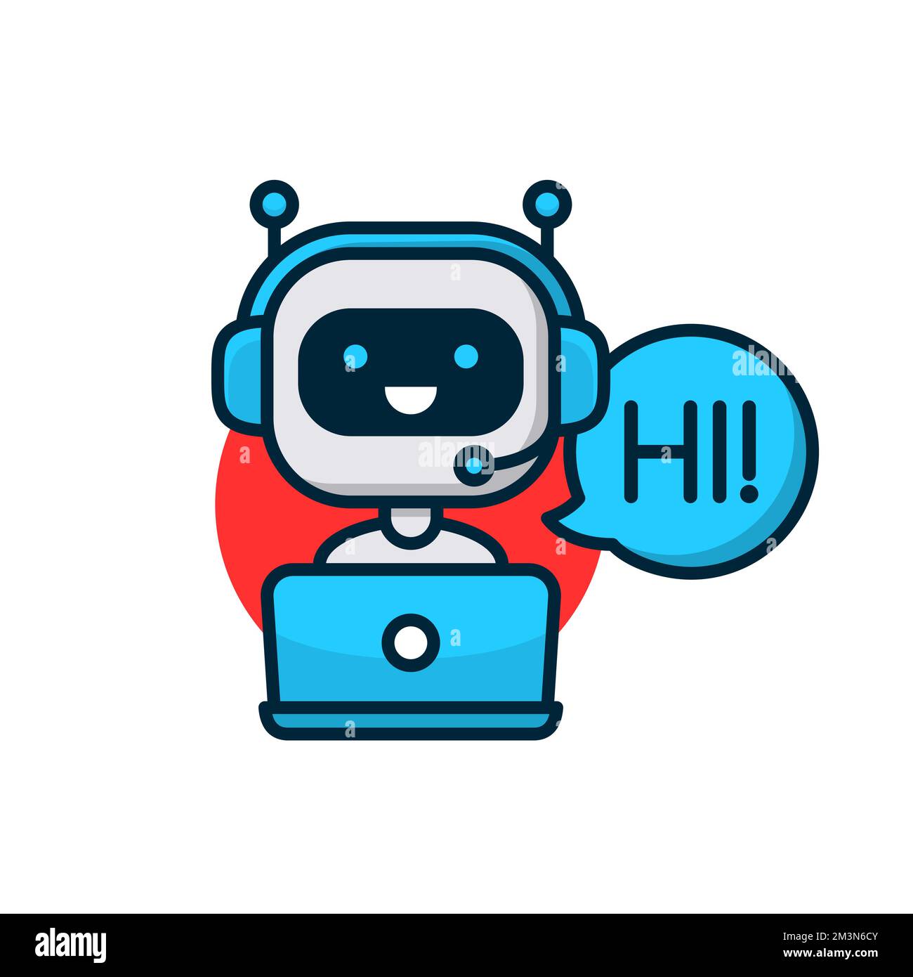 Icona di chatbot. Simpatico robot sorridente dire Ciao dietro il notebook. Icona avatar assistente virtuale. Icona chatbot dell'assistenza clienti. Icona del robot vettoriale Illustrazione Vettoriale