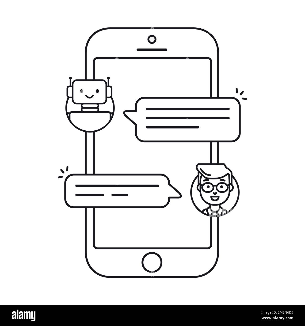 Icona linea chatbot. Uomo parla con chat bot su smartphone. Utente che parla con bot in Messenger. Illustrazione del vettore di stile lineare. Icona contorno vettoriale Illustrazione Vettoriale