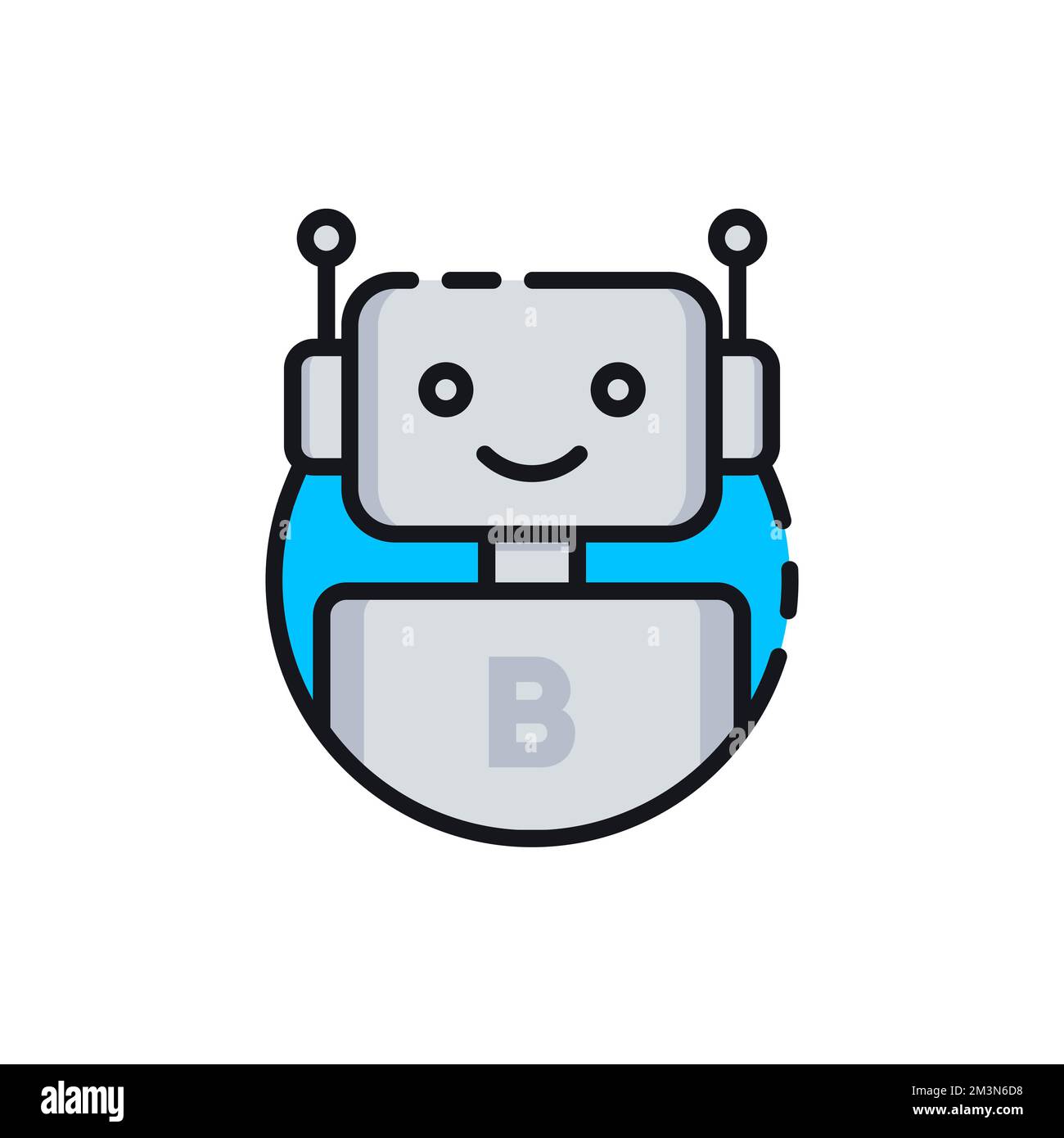 Icona del robot. Icona di chatbot. Robot sorridente carino. Tracciare il segno del robot nel cerchio blu. Illustrazione di cartoni animati vettoriali isolati su sfondo bianco Illustrazione Vettoriale