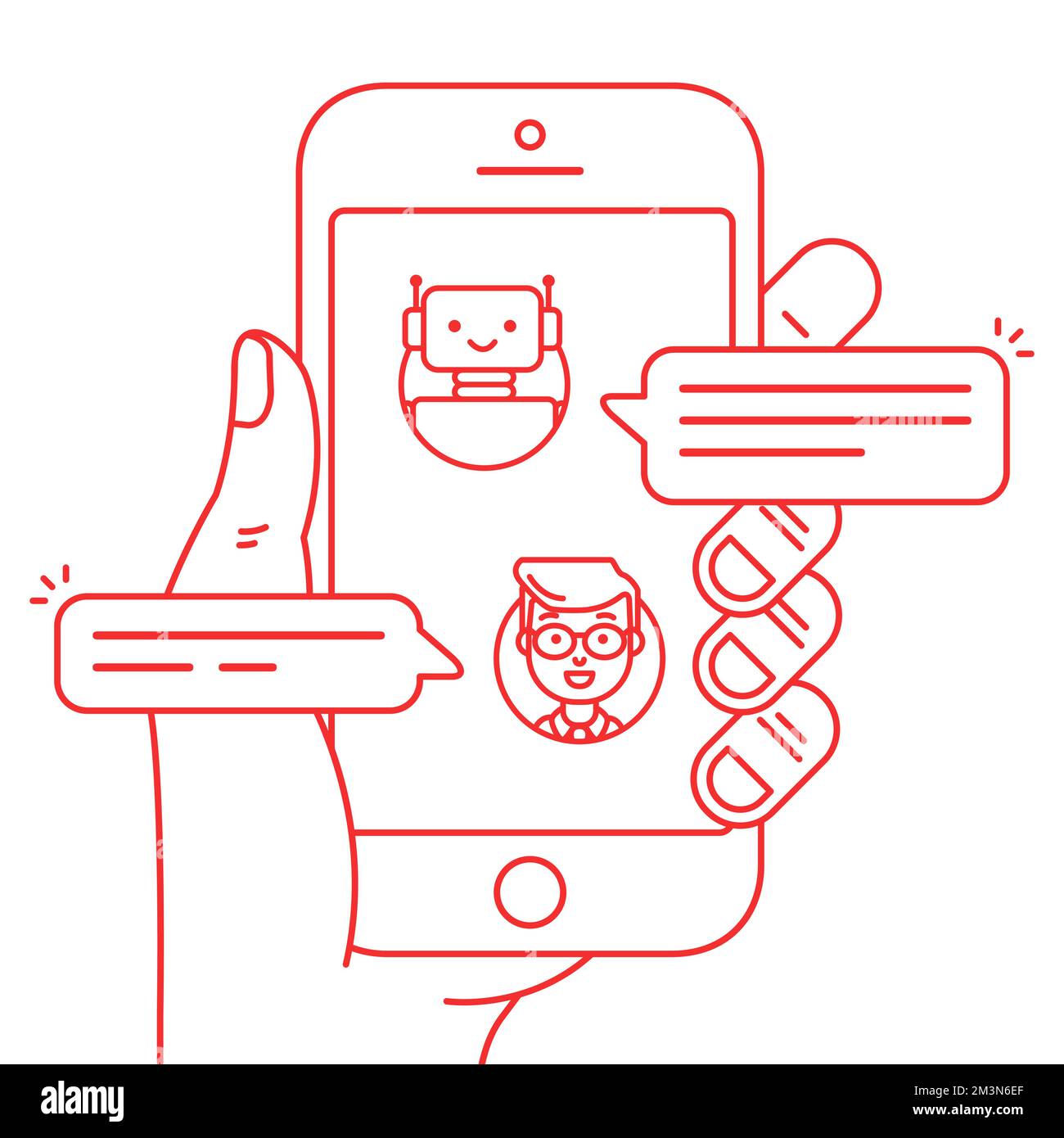 Concetto di icona di contorno di chatbot. Uomo che chiacchiera con chat bot su smartphone. La mano tiene il telefono cellulare con un messaggero in cui il robot parla con l'utente. Vettore Illustrazione Vettoriale