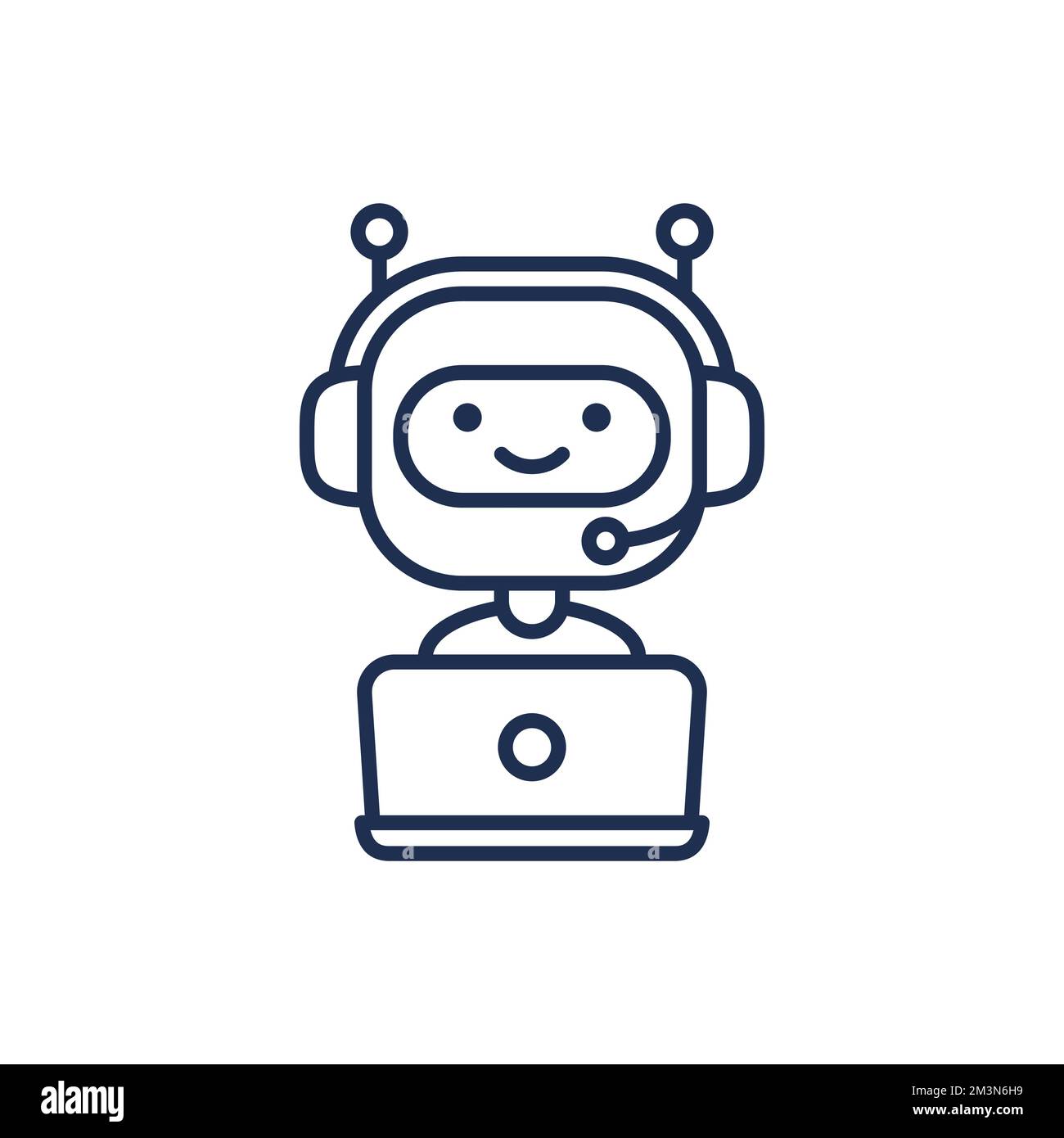 Icona contorno chatbot. Robot carino che lavora in cuffie dietro il computer portatile. Design moderno dei bot. Robot sorridente del servizio clienti. Vettore stile linea piatta Illustrazione Vettoriale