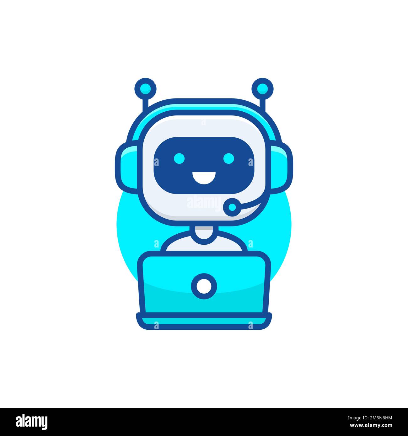 Icona di chatbot. Robot carino che lavora dietro il computer portatile. Design moderno dei bot. Robot sorridente del servizio clienti. Illustrazione del vettore stile linea piatta Illustrazione Vettoriale