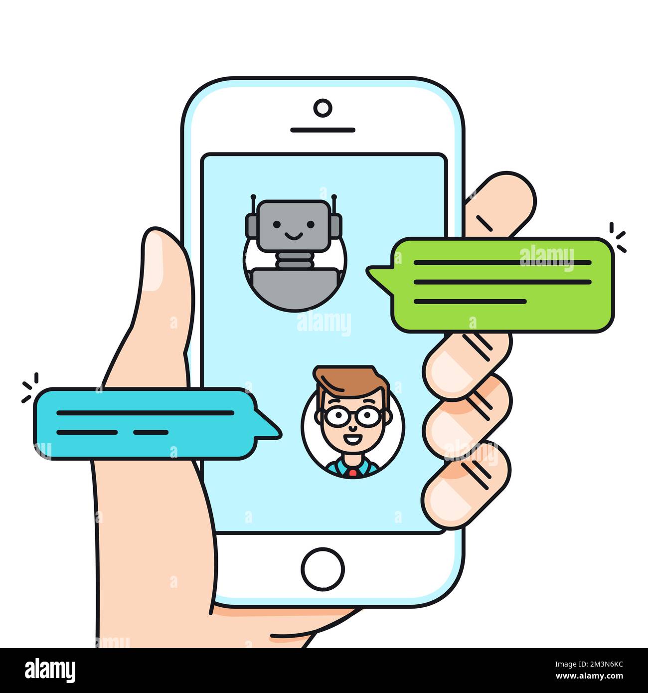 Concetto di chatbot. Uomo che chiacchiera con chat bot su smartphone. Illustrazione vettoriale Illustrazione Vettoriale
