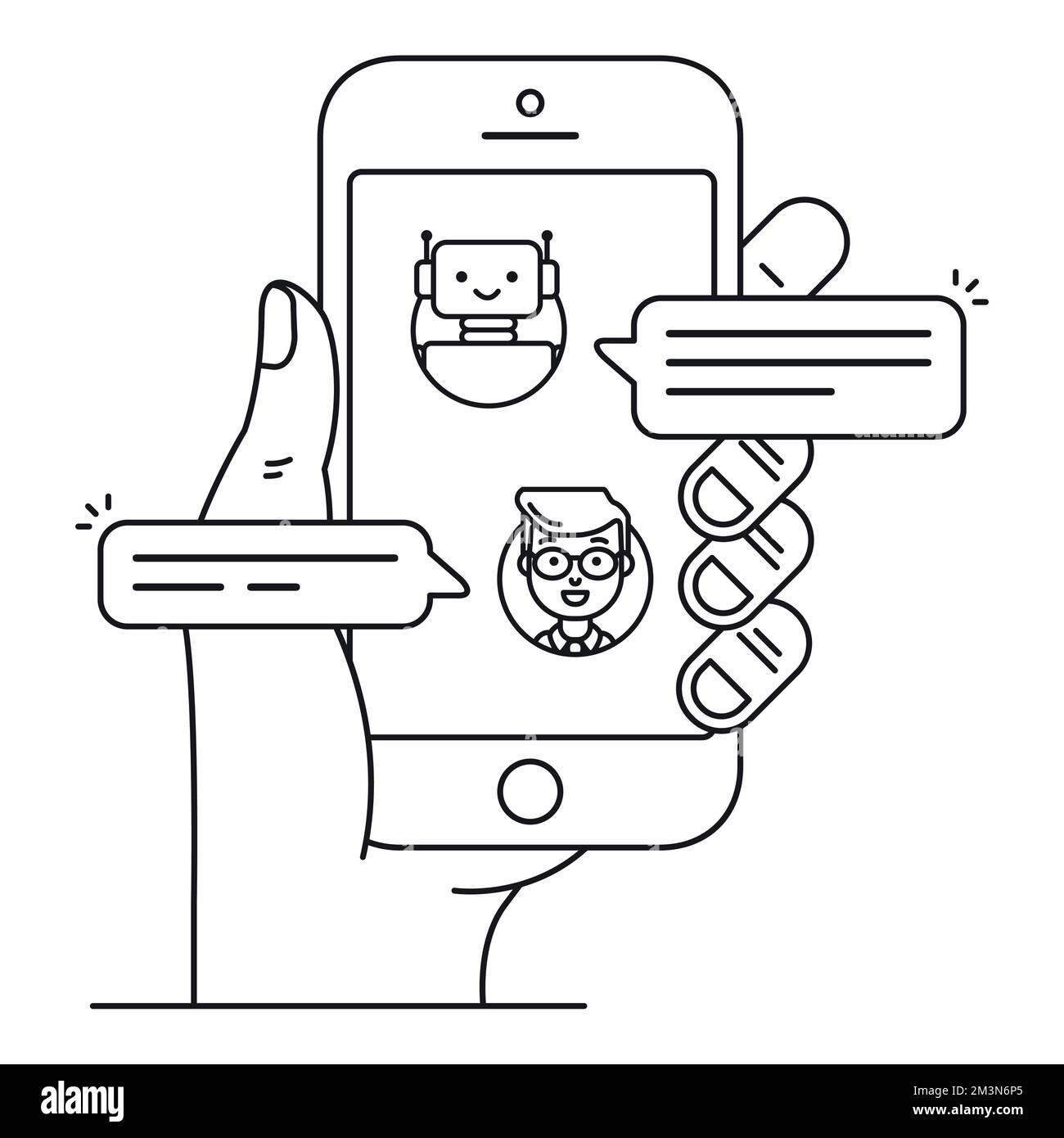 Concetto di icona di contorno di chatbot. Uomo che chiacchiera con chat bot su smartphone. La mano tiene il telefono cellulare con un messaggero in cui il robot parla con l'utente. Vettore Illustrazione Vettoriale