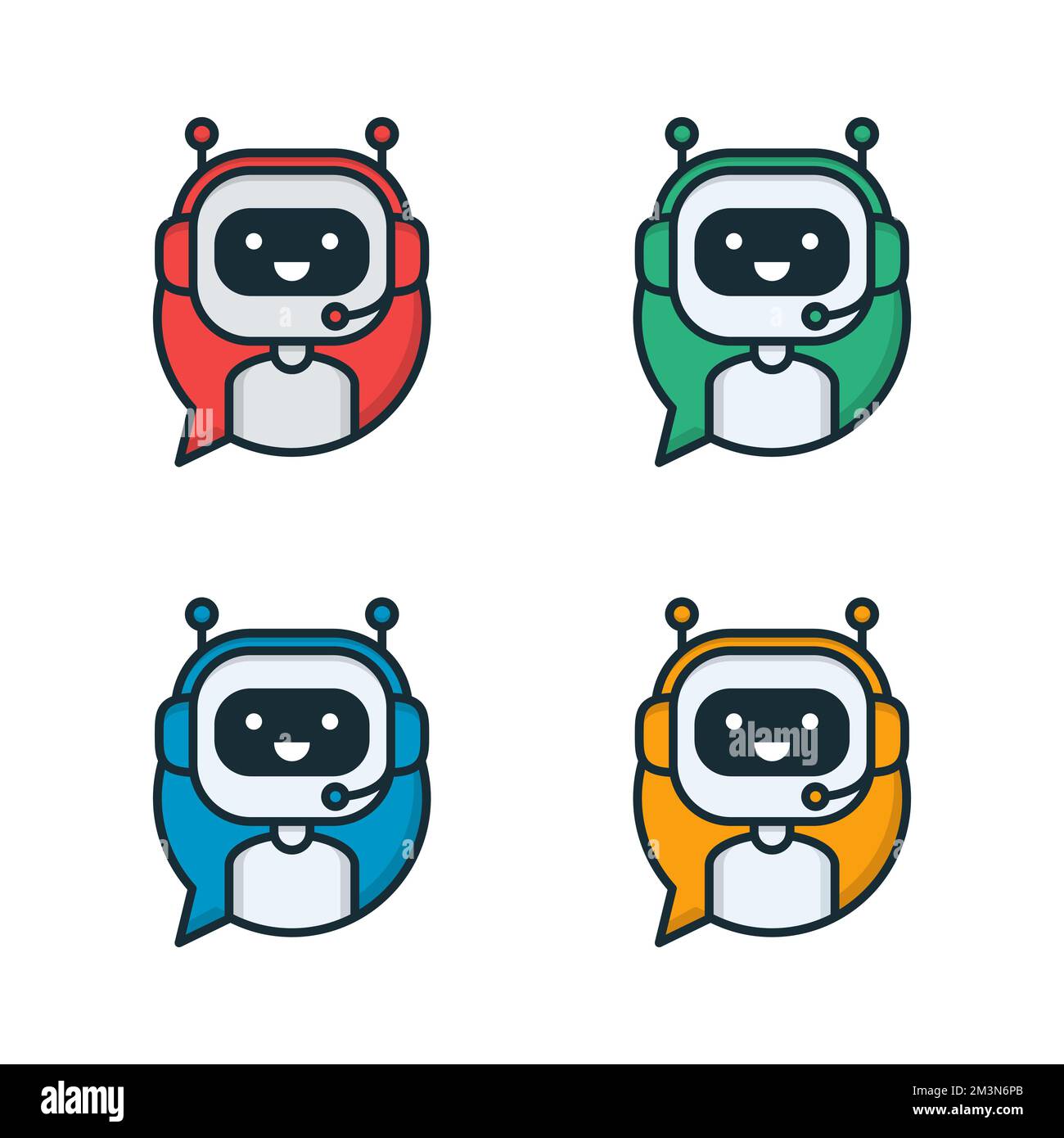 Icona di chatbot nella bolla del discorso. Carino bot in cuffie dentro bolla vocale. Robot sorridente del servizio clienti. Bot vettoriale stile linea piatta Illustrazione Vettoriale