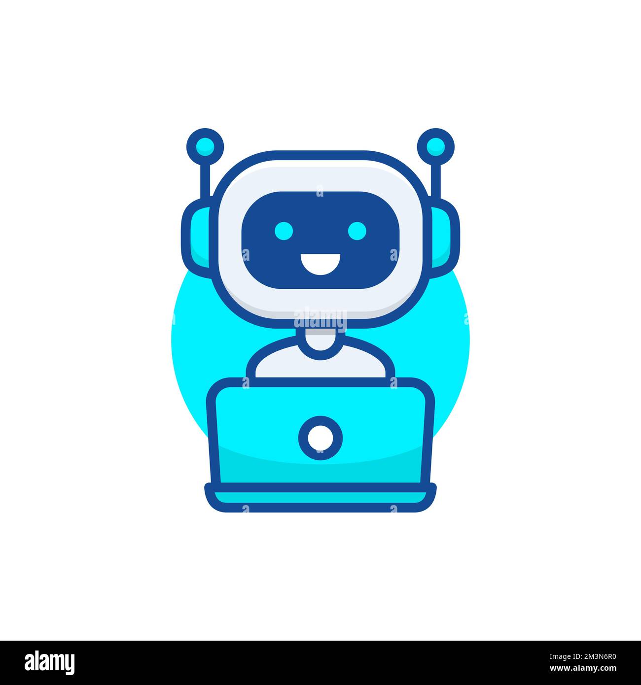Icona di chatbot. Robot carino che lavora dietro il computer portatile. Design moderno dei bot. Robot sorridente del servizio clienti. Illustrazione del vettore stile linea piatta Illustrazione Vettoriale