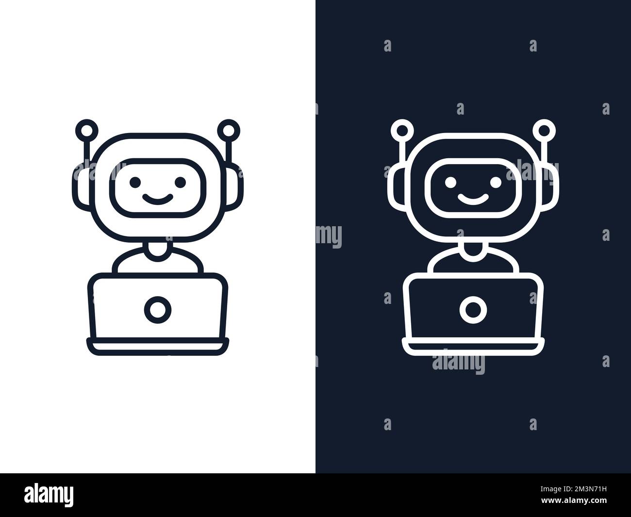 Icona contorno chatbot. Design dei segni bot. Robot carino che lavora dietro il computer portatile. Robot sorridente del servizio clienti. Illustrazione del vettore stile linea piatta isolata Illustrazione Vettoriale