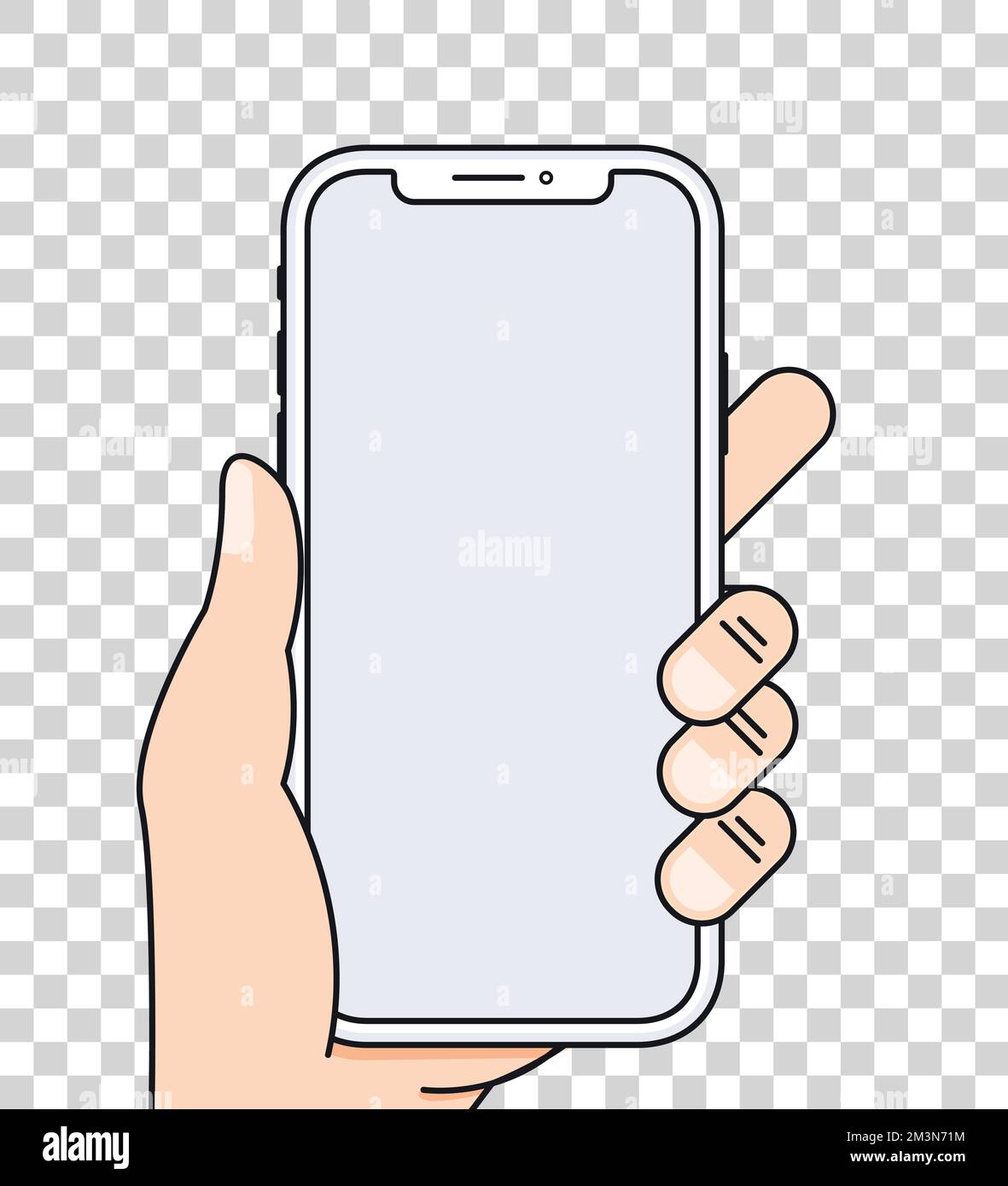 Illustrazione del vettore telefonico con mano in stile linea piatta. Smartphone in mano isolato su sfondo trasparente Illustrazione Vettoriale