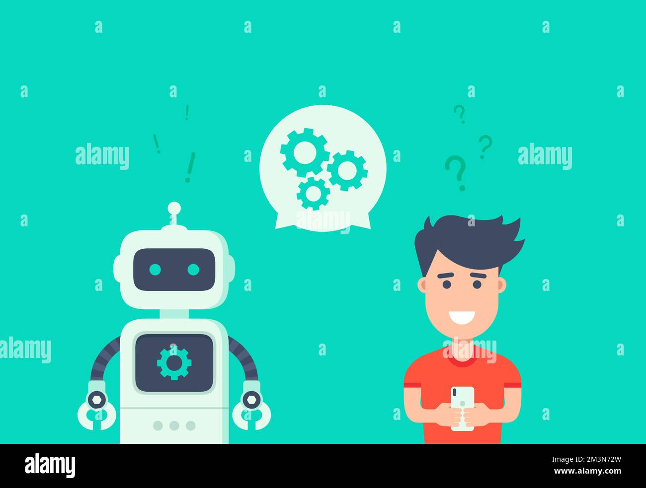 Concetto di chatbot. Robot del servizio clienti. Uomo che chiacchiera con chat bot. L'utente pone al robot la domanda e ottiene una risposta. Modificare le impostazioni con bot Illustrazione Vettoriale