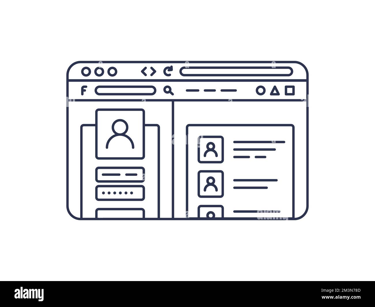 Finestra del browser Internet con pagina web aperta sui social network in stile flat line. Oggetto vettoriale isolato su sfondo bianco Illustrazione Vettoriale