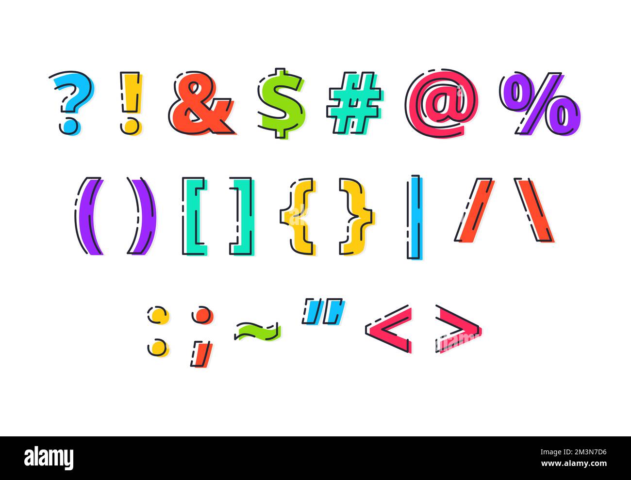 FLATLI. Carattere linea piatta. Segni di punteggiatura dell'alfabeto latino. Insegne in linea stile piatto. Simpatico carattere moderno e audace con simboli maiuscola. Simboli vettoriali Illustrazione Vettoriale
