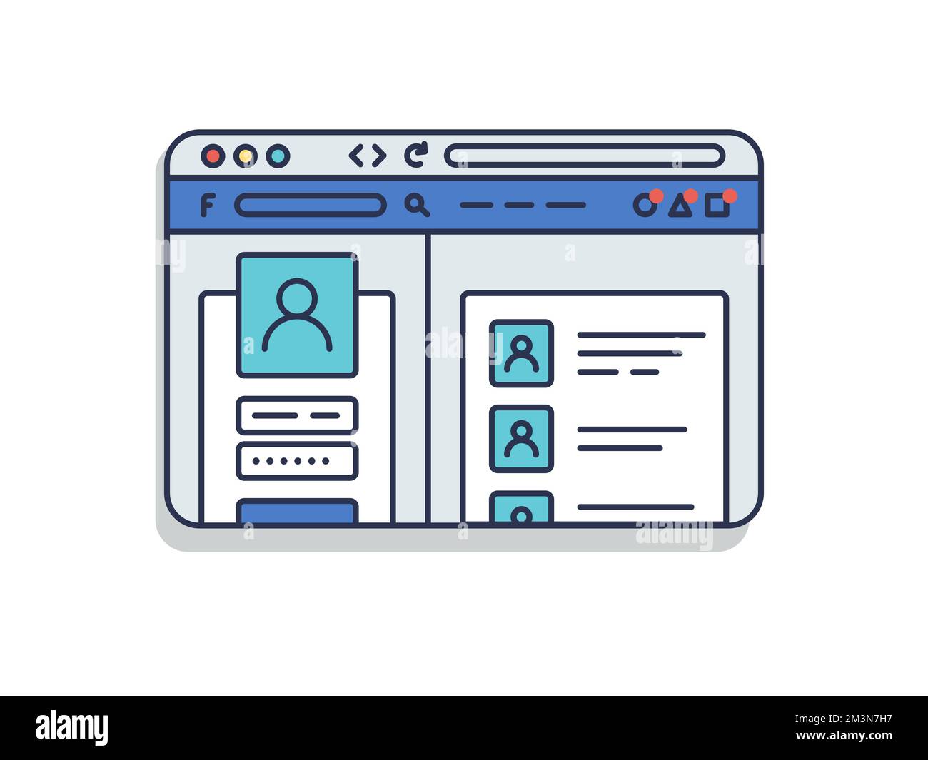 Finestra del browser Internet con pagina web aperta sui social network in stile flat line. Oggetto vettoriale isolato su sfondo bianco Illustrazione Vettoriale