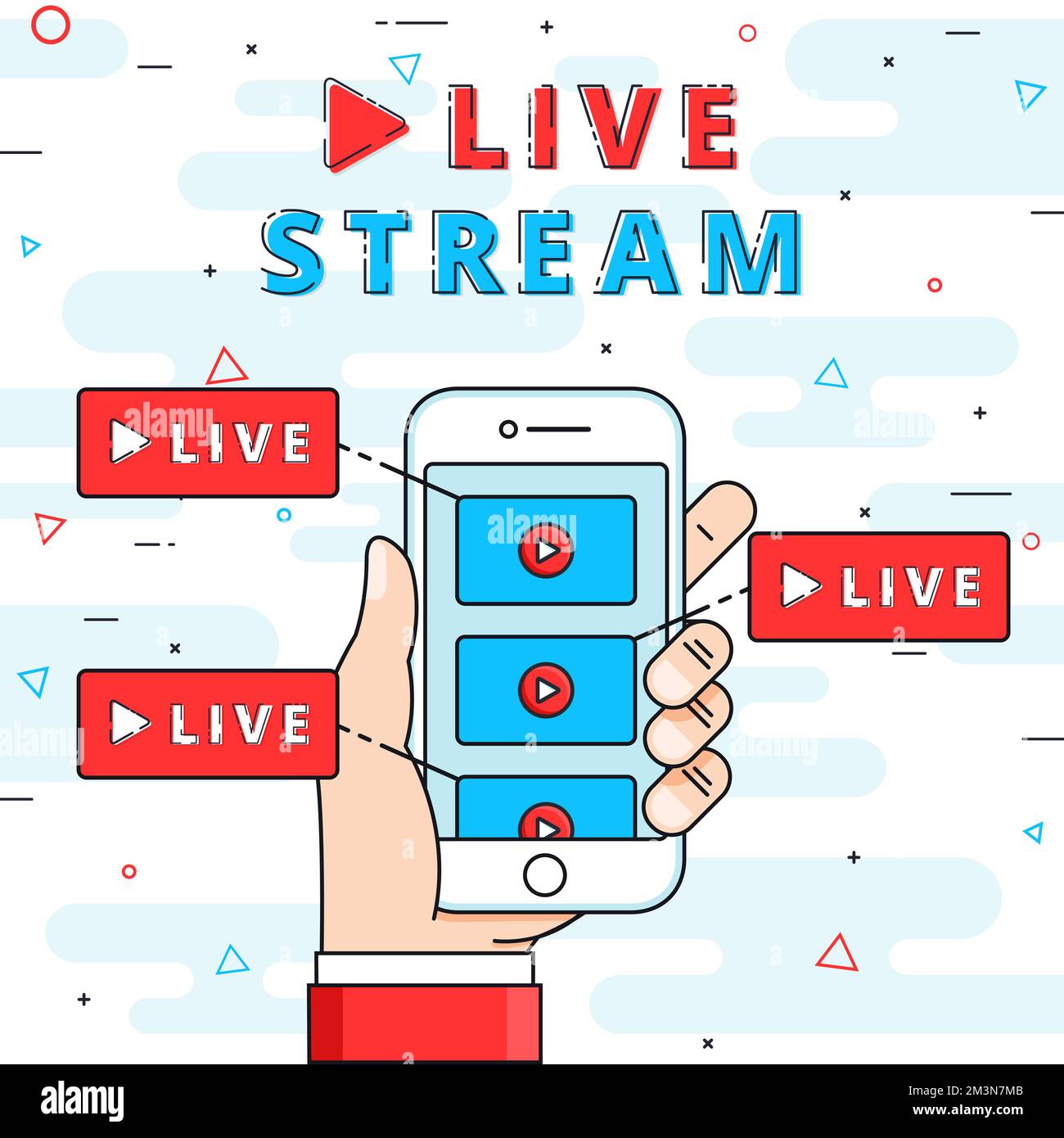 Illustrazione del vettore a linea piatta Live Stream. Streaming live sullo smartphone. Concetto di illustrazione del flusso video online. `Illustrazione vettore Illustrazione Vettoriale