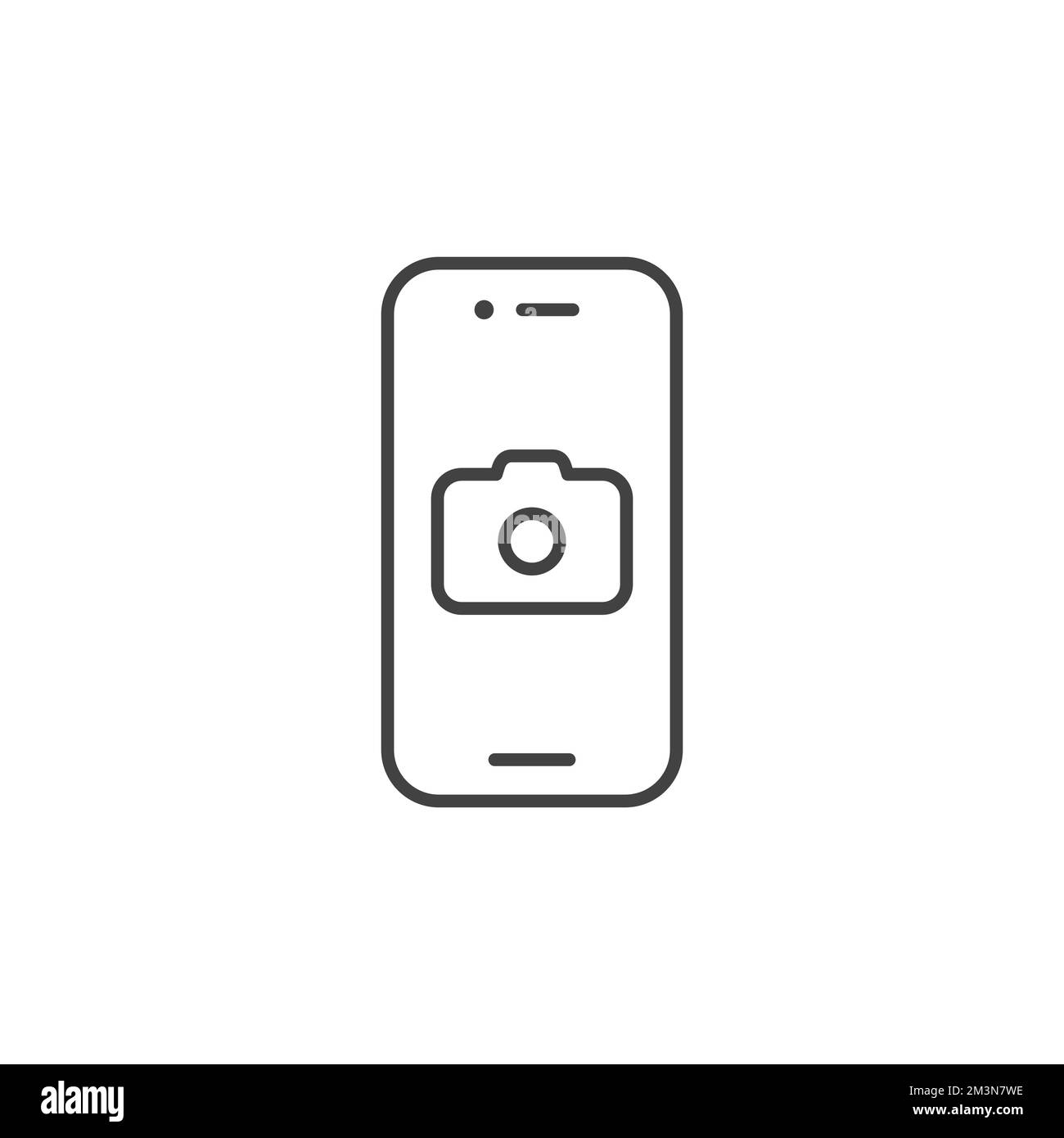 Smartphone con icona della linea della fotocamera. Telefono cellulare con cartello fotografico per web design o biglietto da visita. Elemento di contorno vettoriale isolato su bianco Illustrazione Vettoriale