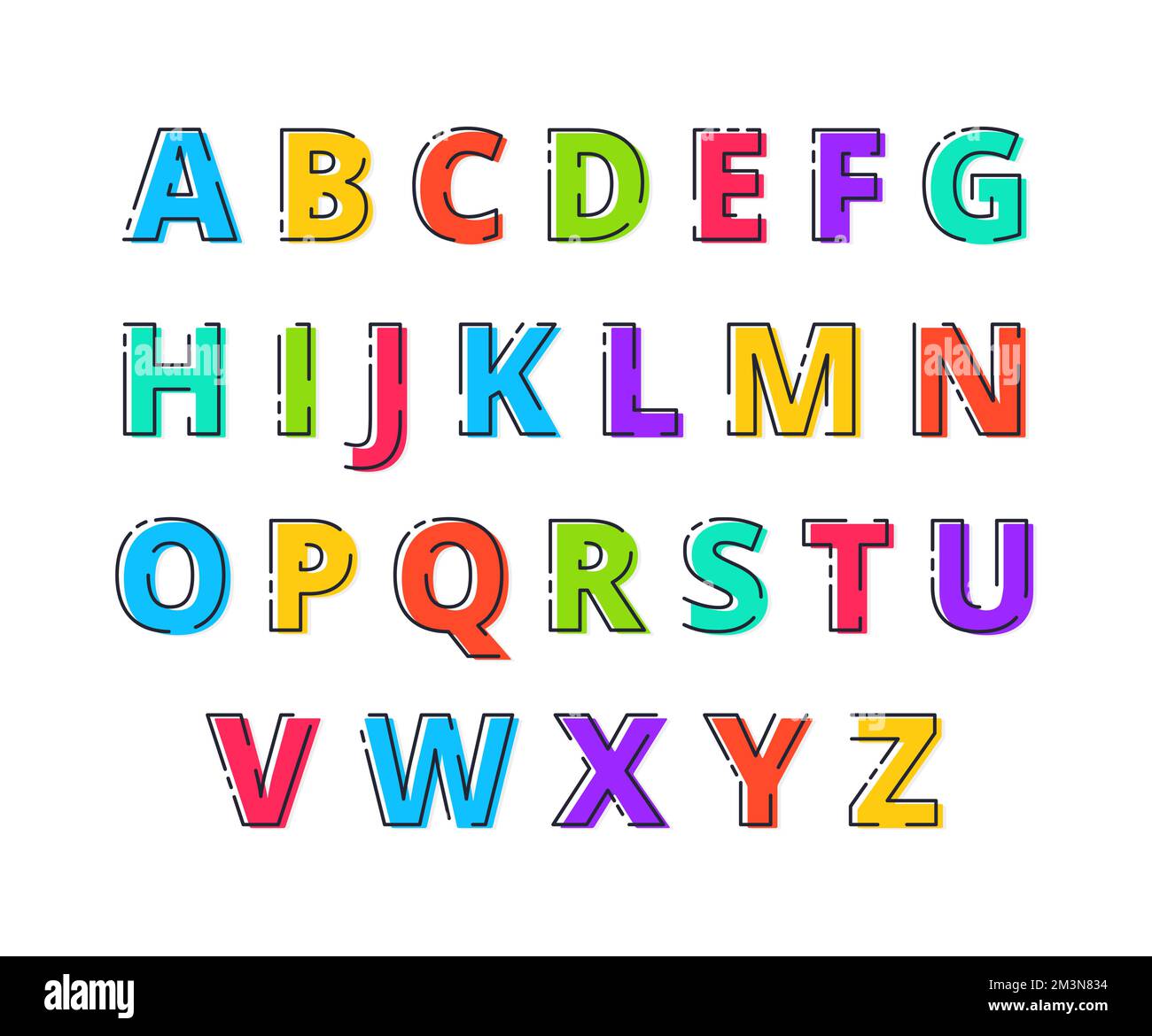 FLATLI. Carattere linea piatta. Alfabeto latino da A a Z. carattere in stile linea piatta. Carattere moderno e vivace con lettere maiuscole. Carattere di linea piatta vettoriale Illustrazione Vettoriale