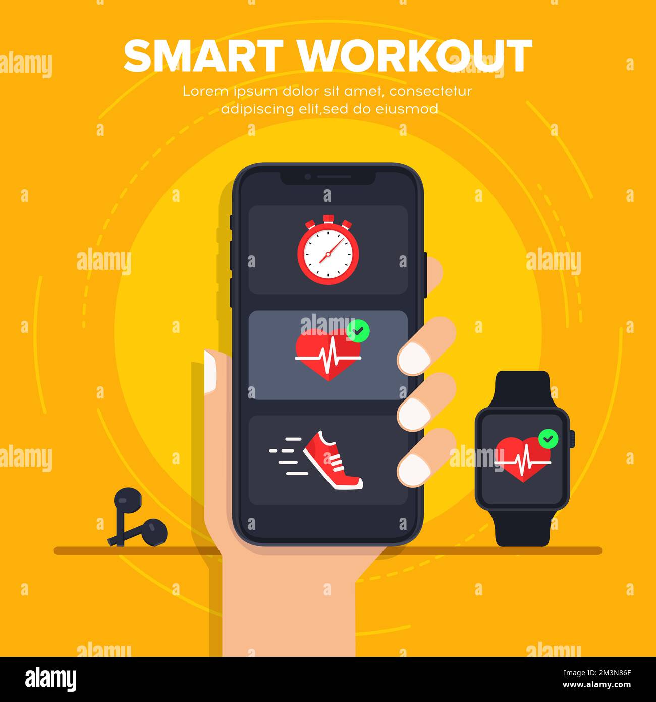 Concetto di illustrazione del vettore di allenamento intelligente. Sincronizzazione dello smartphone con uno smart watch. I progressi della formazione fitness intelligente su smartphone Illustrazione Vettoriale
