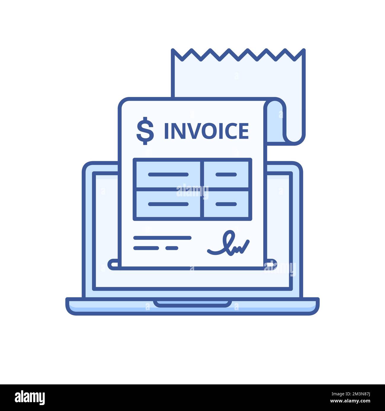 Icona fattura. Pagamento di fatture online su computer portatile. Icona della ricevuta digitale. Fattura finanziaria elettronica. Icona di business flat line vettoriale Illustrazione Vettoriale