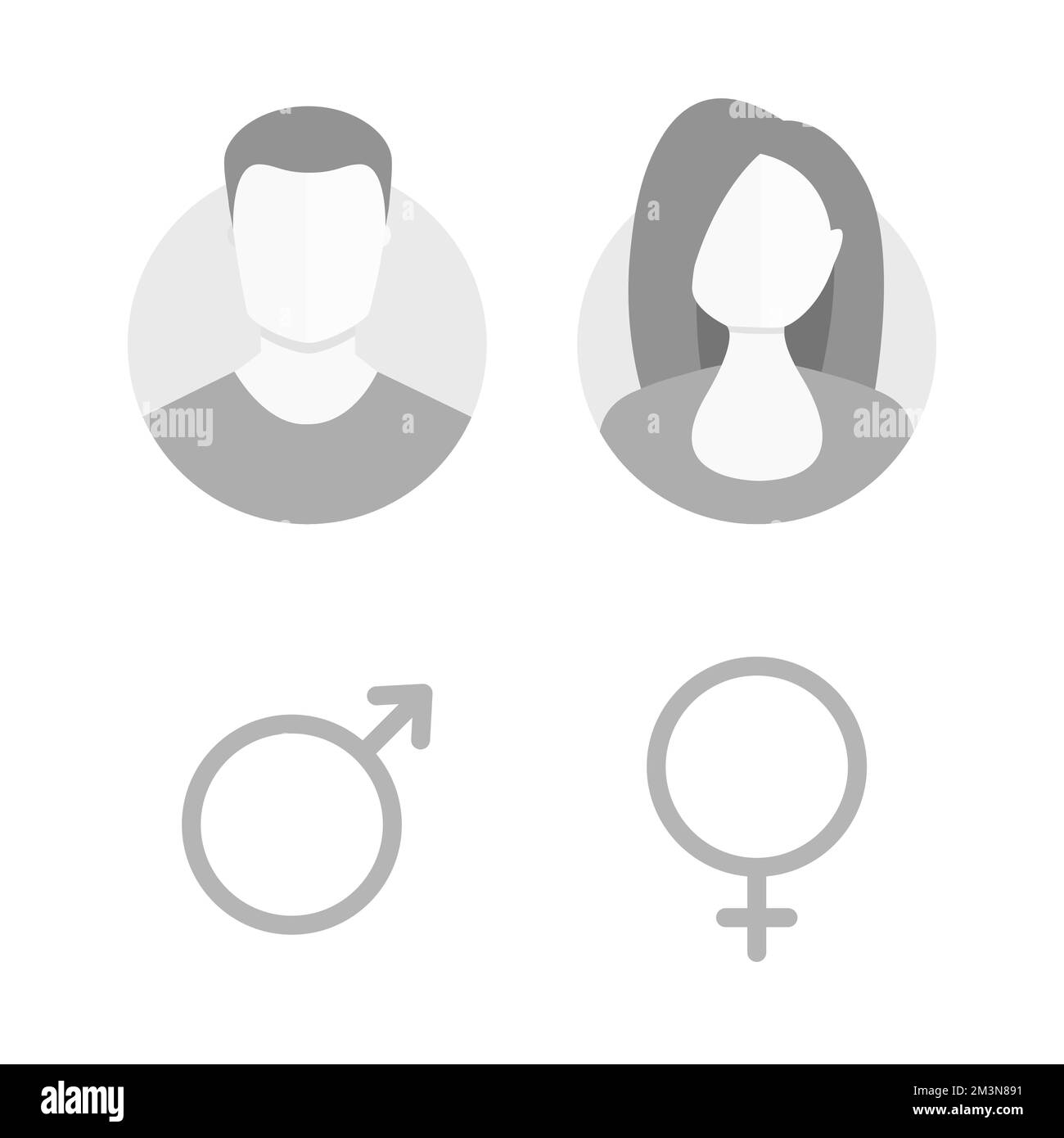 Icone dei profili avatar maschili e femminili. Segnaposto foto in toni di grigio. Gentleman and Lady utente avatar segno. Illustrazione vettoriale Illustrazione Vettoriale