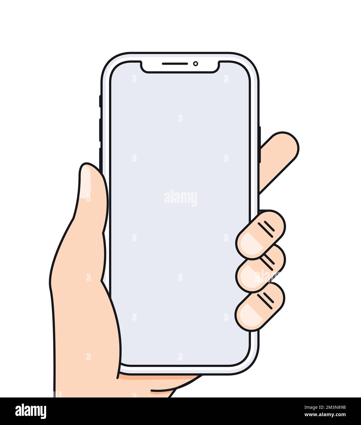 Illustrazione del vettore telefonico con mano in stile linea piatta. Smartphone in mano isolato su sfondo bianco Illustrazione Vettoriale