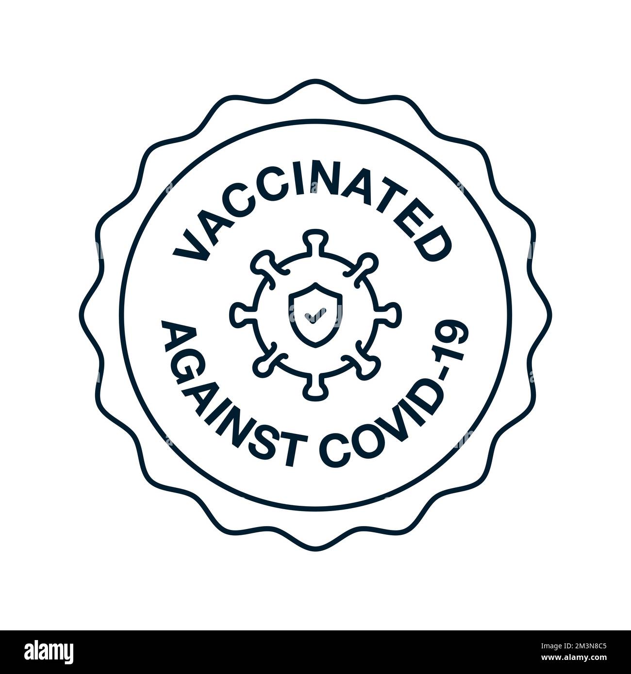 Cartellino rotondo di vaccinazione con citazione — vaccinato contro il Covid-19. Adesivo per vaccino contro il coronavirus con batteri covidi e scudo con segno di spunta all'interno Illustrazione Vettoriale