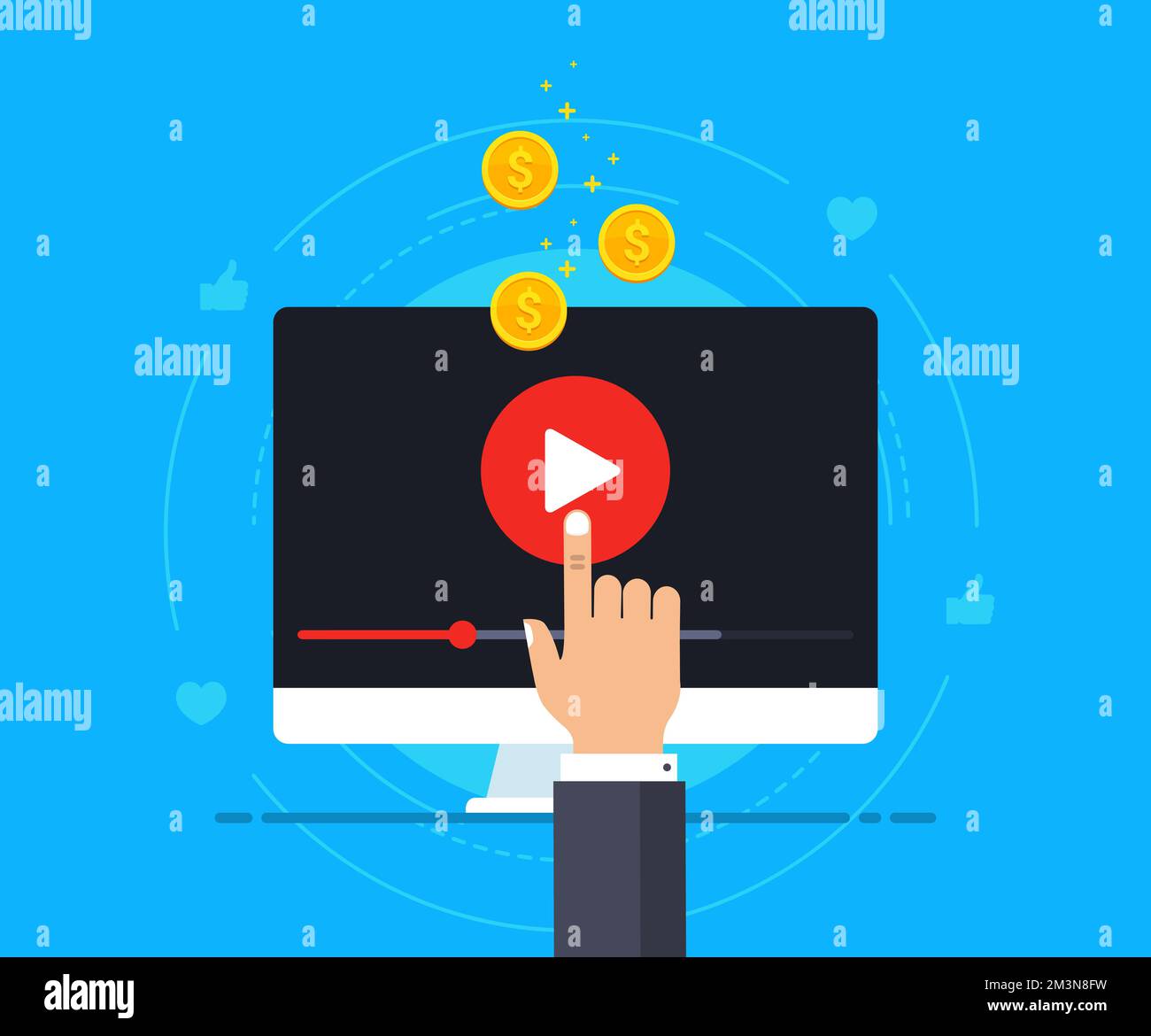 Concetto di icona di video marketing. Fare soldi dai contenuti video. Computer con lettore video e monete che cadono su di esso. Illustrazione vettoriale Illustrazione Vettoriale