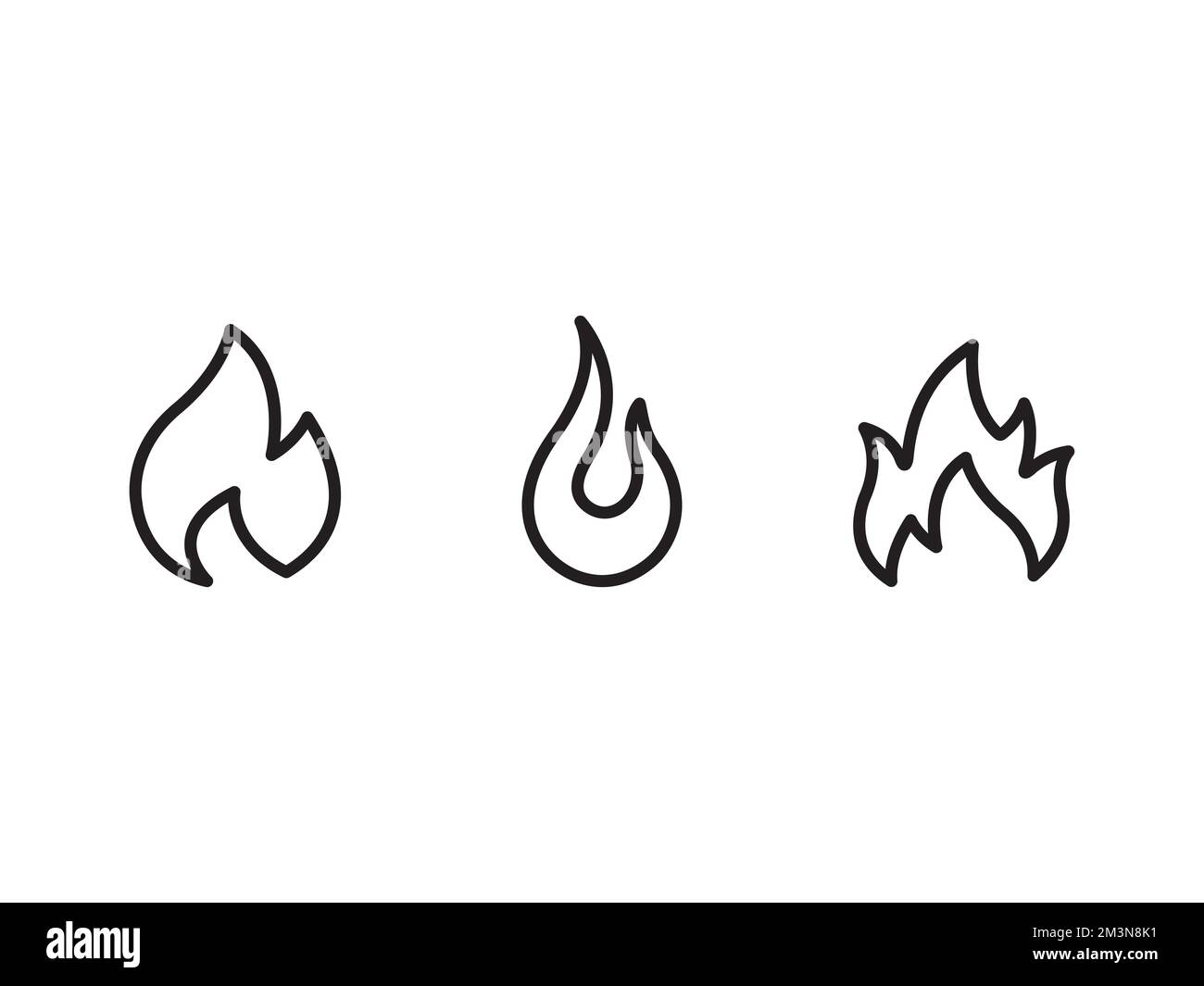 Fuoco fiamme contorno icone set. Simboli di fiamma a linea piatta diversi. Icone del tratto vettoriale Illustrazione Vettoriale