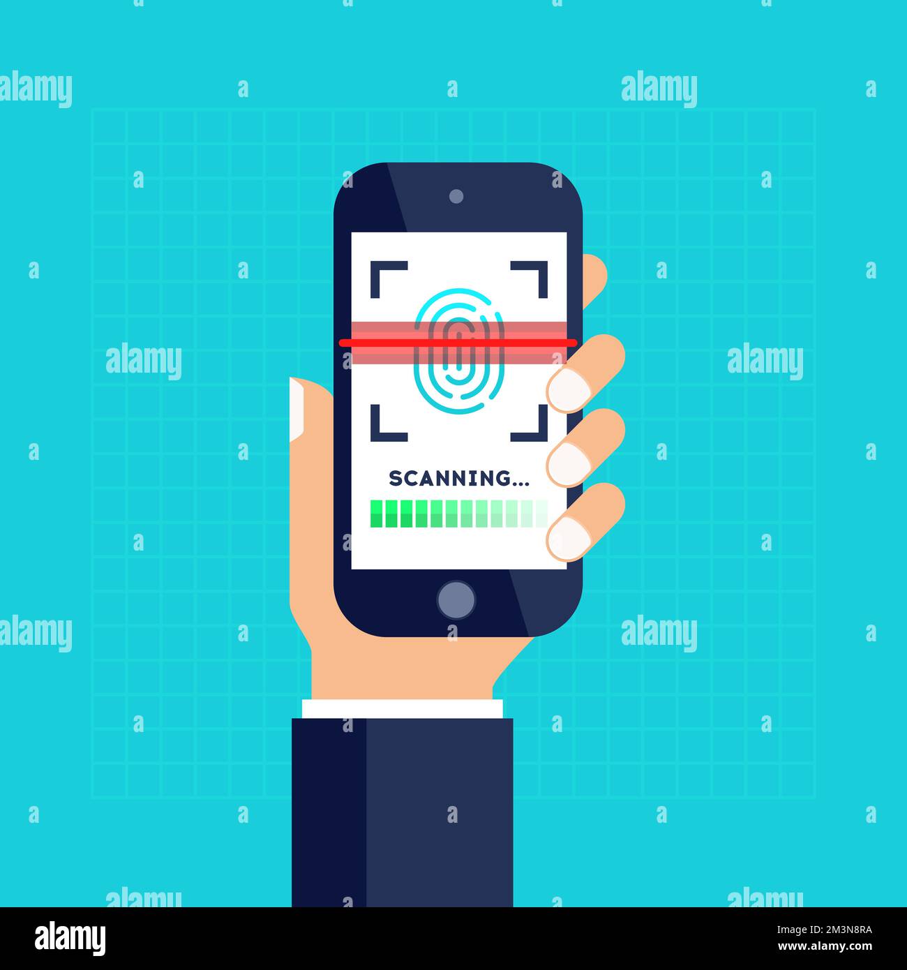 Scansione delle impronte digitali sullo smartphone. Sistema di identificazione. Autorizzazione biometrica e concetto di sicurezza aziendale. Illustrazione vettoriale Illustrazione Vettoriale