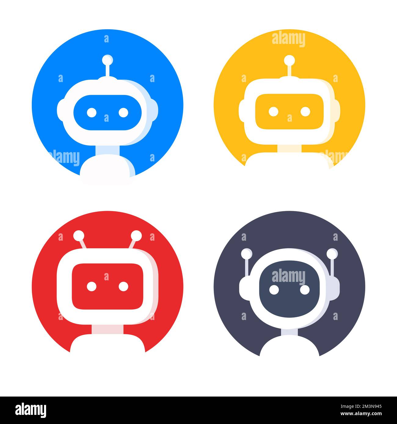 Set di icone robot in cerchio. Design dei segni bot. Simbolo di chatbot, modello di logo. Moderne illustrazioni di carattere cartoon stile piatto isolato su bianco Illustrazione Vettoriale