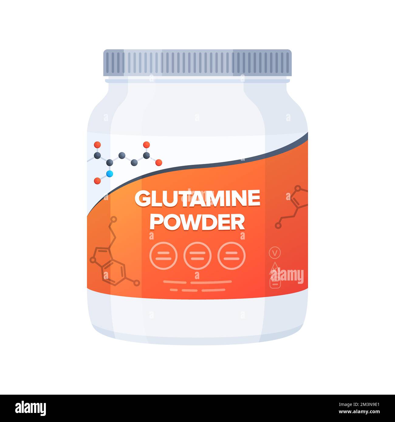 Flacone di supplemento in polvere L-Glutamina. Flacone di plastica di polvere di amminoacidi. Illustrazione vettoriale Illustrazione Vettoriale