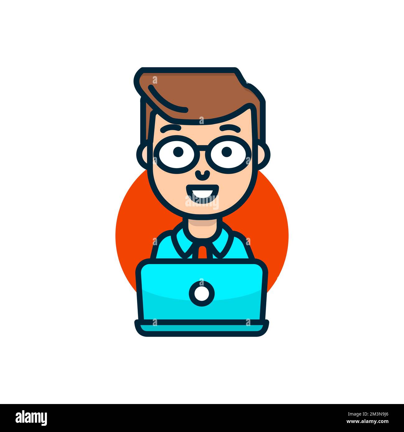 Uomo dietro l'illustrazione vettoriale del laptop. Uomo d'affari sorridente in occhiali che lavorano dietro il desktop. Icona vettoriale moderna di stile linea piatta su bianco Illustrazione Vettoriale