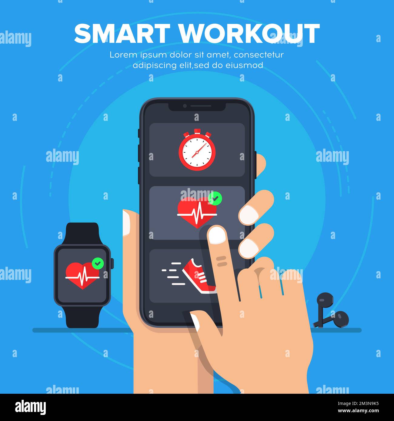 Concetto di illustrazione del vettore di allenamento intelligente. Sincronizzazione dello smartphone con uno smart watch. I progressi della formazione fitness intelligente su smartphone. Vettore Illustrazione Vettoriale