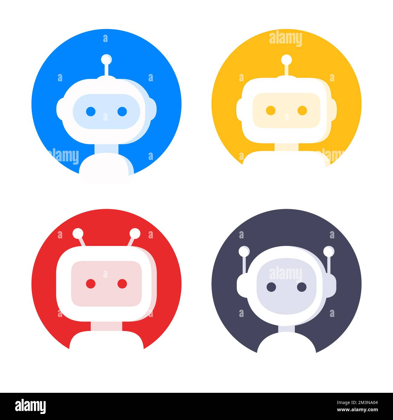 Set di icone robot in cerchio. Design dei segni bot. Simbolo di chatbot, modello di logo. Moderne illustrazioni di carattere cartoon stile piatto isolato su bianco Illustrazione Vettoriale