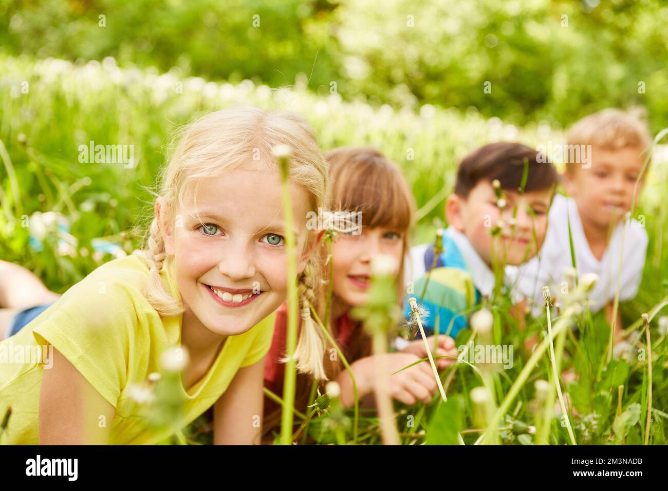 Ritratto di ragazza sorridente con amici maschi e femmine sdraiati nel prato in giardino Foto Stock