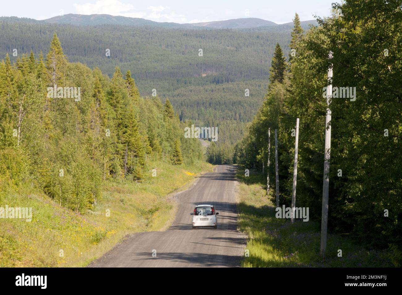 RURAL COUNTY, SVEZIA IL 01 LUGLIO 2014. Guarda la foresta, la strada e il veicolo lontano dai luoghi urbani. Uso editoriale. Foto Stock