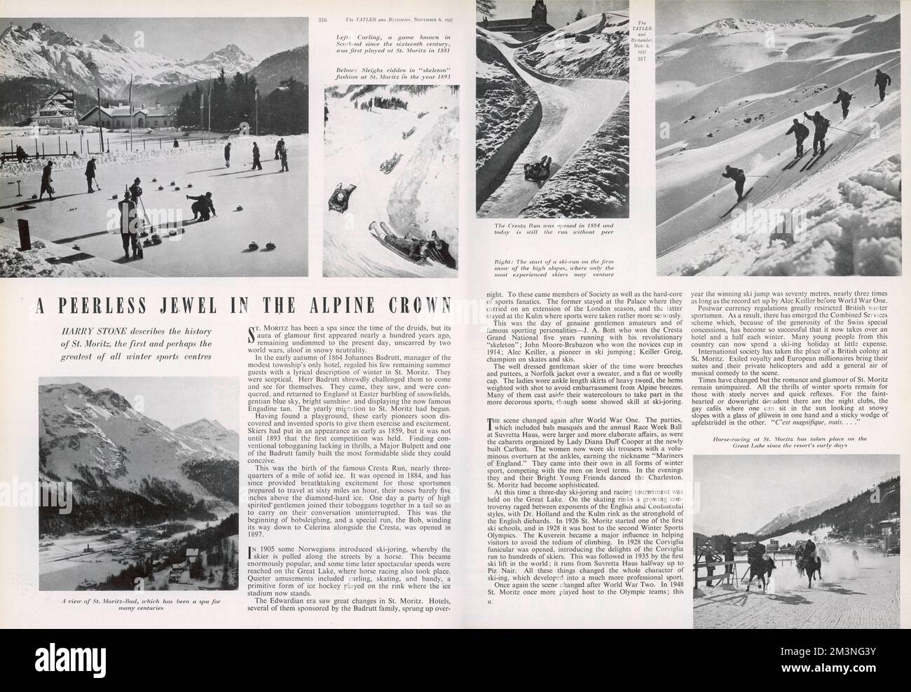 Una doppia pagina di diffusione che racconta la storia di San Moritz, il primo e forse il più grande di tutti i centri di sport invernali. Data: 1957 Foto Stock