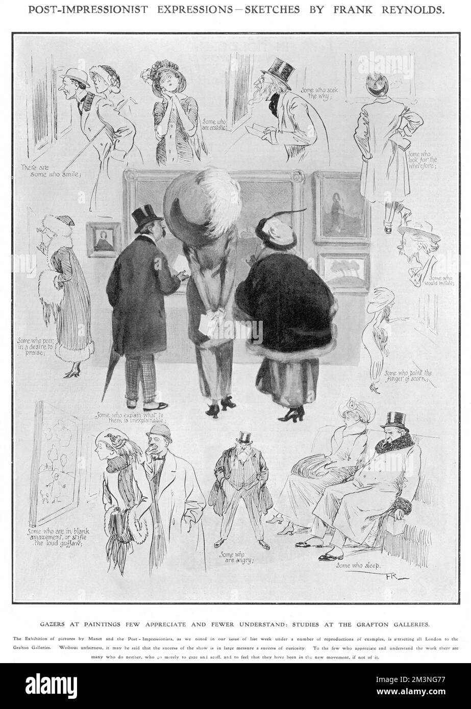 I gazers ai quadri pochi apprezzano e meno capiscono: Schizzi della 'Manet and the Post-Impressionists Exhibition' del 1910-11 presso le Grafton Galleries. Questa controversa mostra ha introdotto l'arte moderna in Gran Bretagna ed è stata organizzata e curata da Roger Fry 1910 Foto Stock