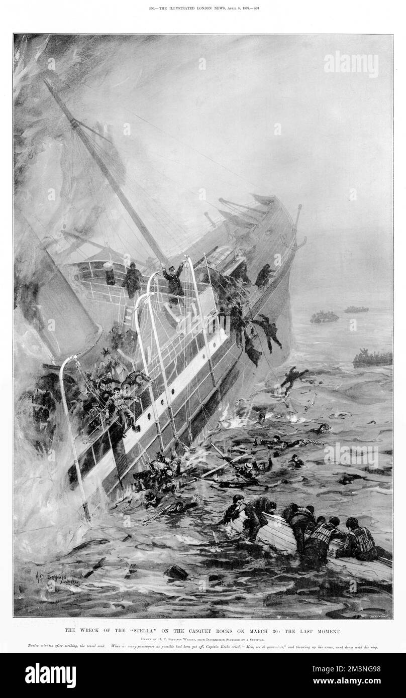 Il relitto della 'Stella' sulle rocce di Casquet, che mostra gli ultimi momenti prima di esso affondato sotto il mare. Data: 30th marzo 1899 Foto Stock