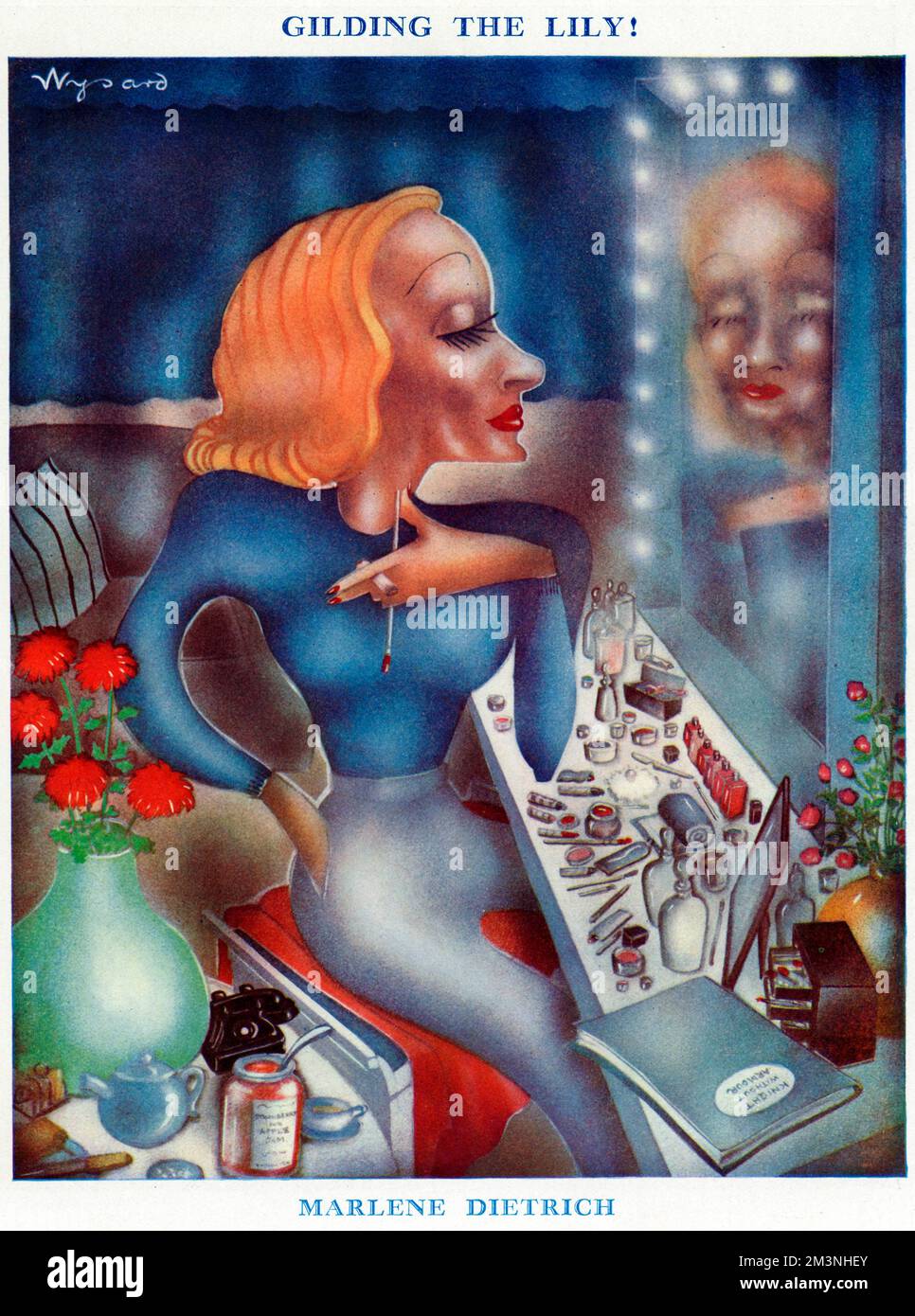Sottotitolato 'Gilding the Lily', una caricatura dell'attrice cinematografica Marlene Dietrich che guarda il suo riflesso nello specchio mentre ad un tavolo da toeletta pieno di numerose bottiglie e pentole di cosmetici. Un telefono, un vaso di fiori e un set da tè che include un vasetto di fragola e marmellata di mele sedersi sul tavolo accanto a lei. Data: 1937 Foto Stock