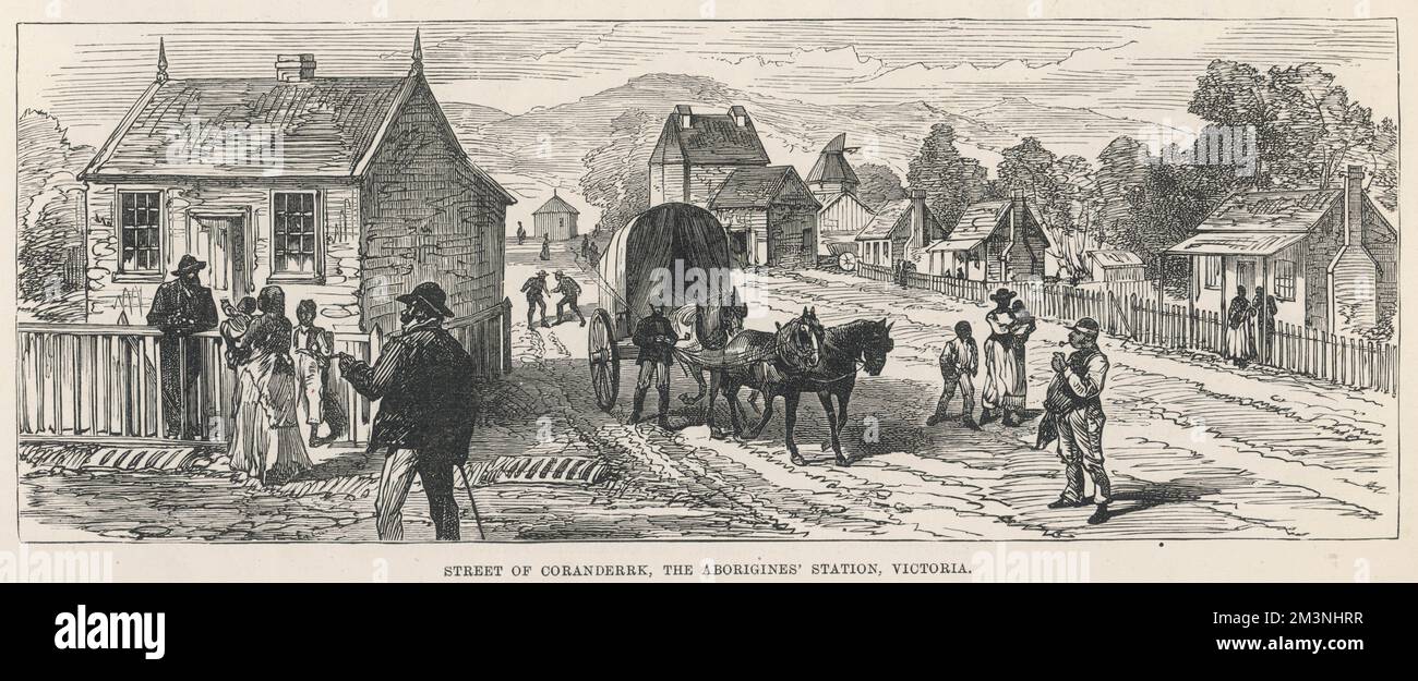 Una strada a Coranderrk con un cavallo e una carrozza e la gente che chiacchiera sopra la recinzione, e andando circa la loro vita quotidiana. Coranderrk era una stazione missionaria australiana nello stato di Victoria istituita nel 1863 per fornire terra alle popolazioni aborigene che erano state espropriate dall'arrivo degli europei. Data: 1889 Foto Stock