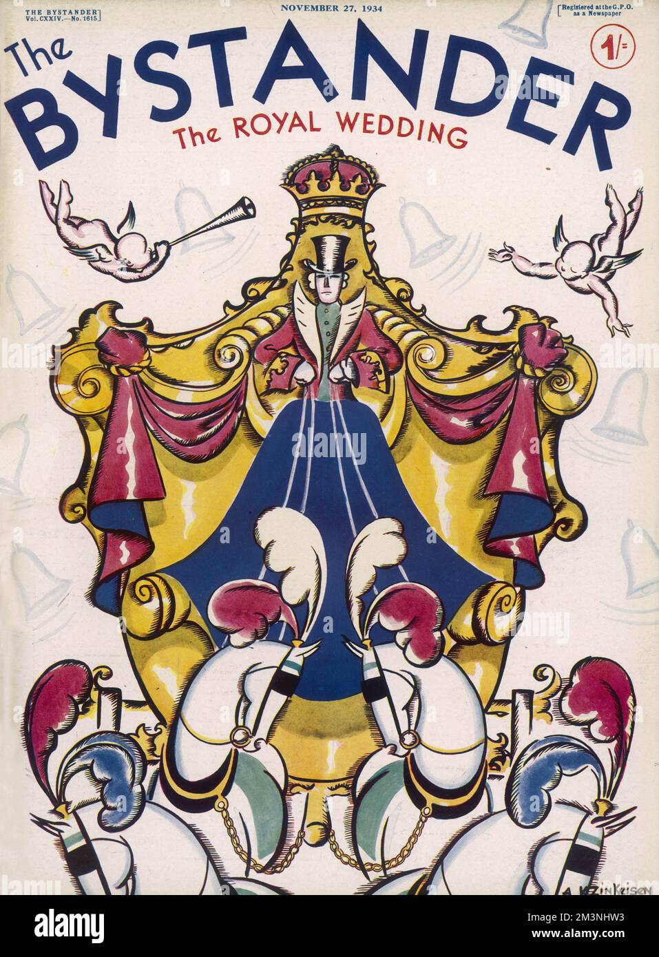Copertina di un numero speciale del Bystander nel 1934, che commemora il matrimonio tra il principe Giorgio, duca di Kent e la principessa Marina di Grecia. L'illustrazione di Anna Zinkeisen mostra una carrozza reale stilizzata trainata da quattro cavalli bianchi. Data: 1934 Foto Stock