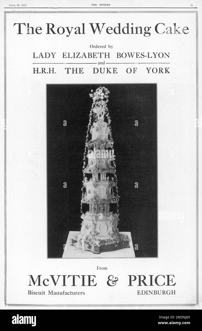 Una pubblicità a pagina intera nel numero di aprile della sfera che copre il matrimonio reale del Duca di York a Lady Elizabeth Bowes Lione, posto da McVitie e Price di Edimburgo, che stranamente, si chiamano creatori di biscotti. Data: 1923 Foto Stock