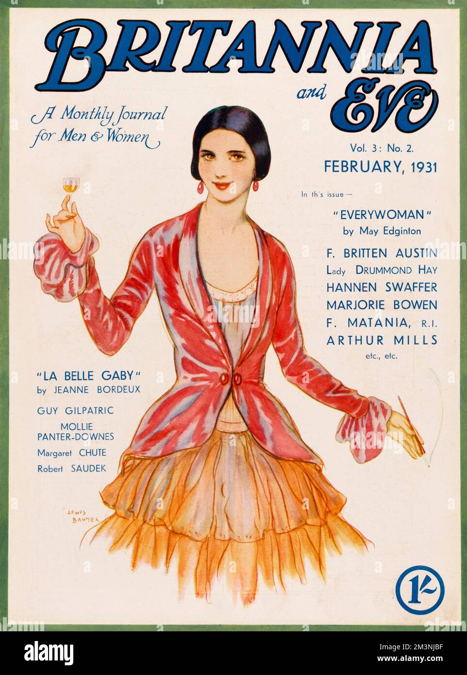 Copertina della rivista Britannia and Eve con un'illustrazione di Lewis Baumer di una bella donna vestita con una giacca rossa e una gonna a balze arancioni che alza un piccolo bicchiere di sherry in un gesto conviviale. Data: 1931 Foto Stock